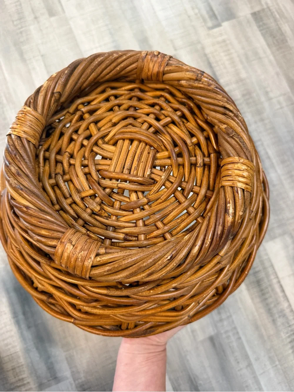 Handmade Wicker Basket with Handle Round Brown Rustic Farmhouse Decor 11”